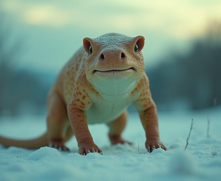 photograph, stylized, establishing shot of a Warm Spotted Beige and Mint Chupacabra , winter background