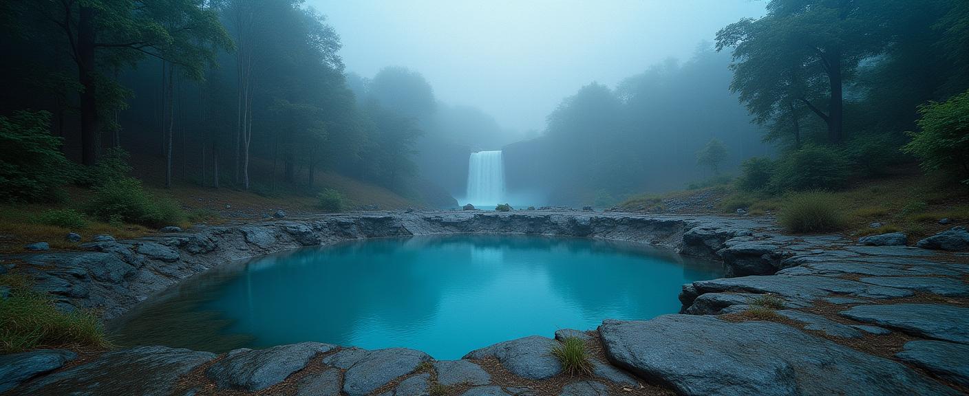 photograph, desolate nature and Orion s Belt in background, highly detailed, landscape of a Glistening Blue Pothole and Thundering traditional Contemporary Waterfall oasis