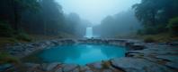 photograph, desolate nature and Orion s Belt in background, highly detailed, landscape of a Glistening Blue Pothole and Thundering traditional Contemporary Waterfall oasis