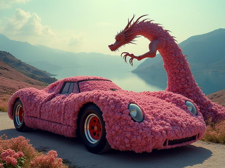 photograph, surreal, view of a Malaysian Porsche , it is very Pictorial and Giant