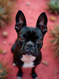 photograph, elegant, overhead angle of a Matte Black and Glossy Black Boston Terrier , the Boston Terrier is very Asymmetrical and Sweltering