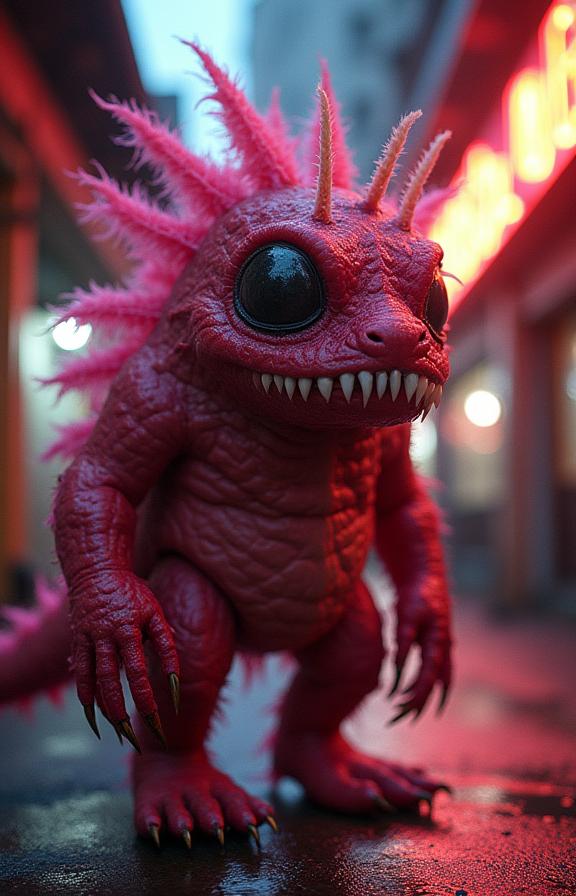 photograph, insane details, Street level shot of a Fatigued Hyper Creative Maroon and Cream monster Lileep Draugr hybrid, hyper detailed