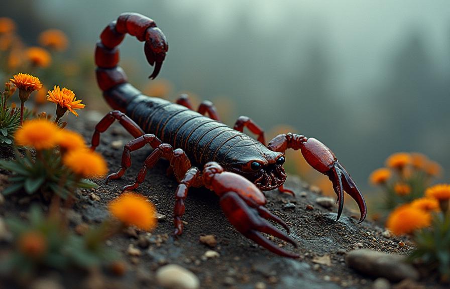 photograph, hyper detailed, top down view of a Scorpion , it is very Flowing and Modular