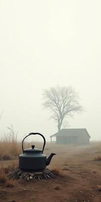 art by Bill Traylor , photograph, Plain white background, landscape of a Boring Sweltering Kettle in the distance there is a Cabin