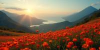 photograph, hyper detailed, landscape of a Volcanic Islands and Irritated Art Nouveau Alpine meadow, it is very Happy and Pop