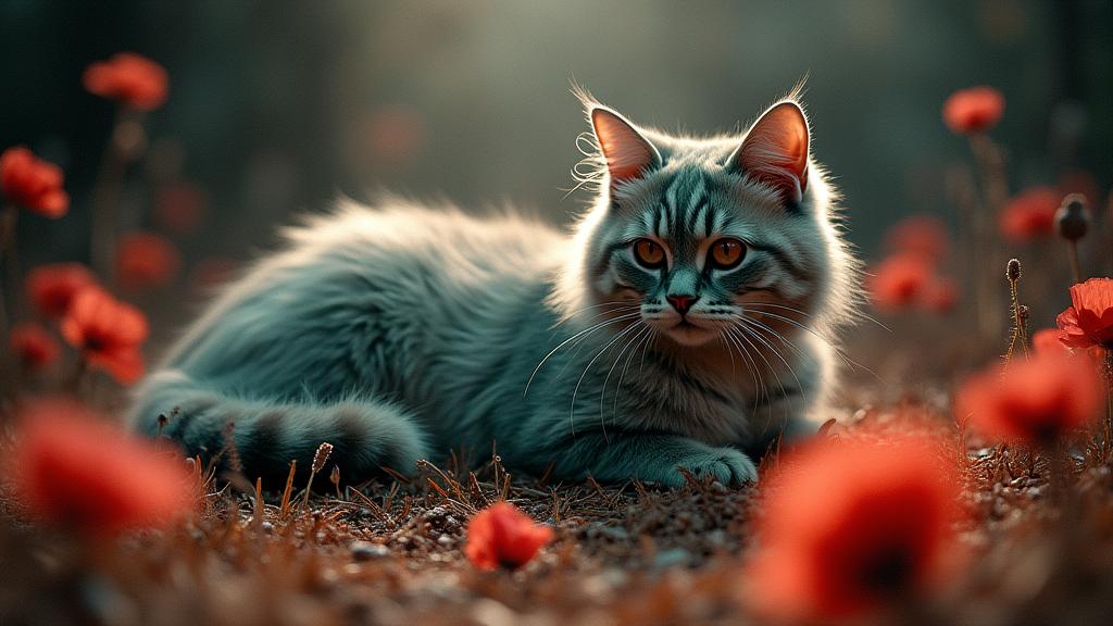 stylized by Cody Ellingham and Gregory Crewdson and Ernst Haas , photograph, intricate background, long shot of a Auto Destructive Art Abominable Mint and Coral Persian Cat