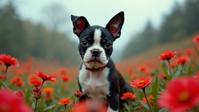 art by Bella Kotak , photograph, concept art, wide angle of a Catholicpunk Expressive Boston Terrier Puppy of Bounty