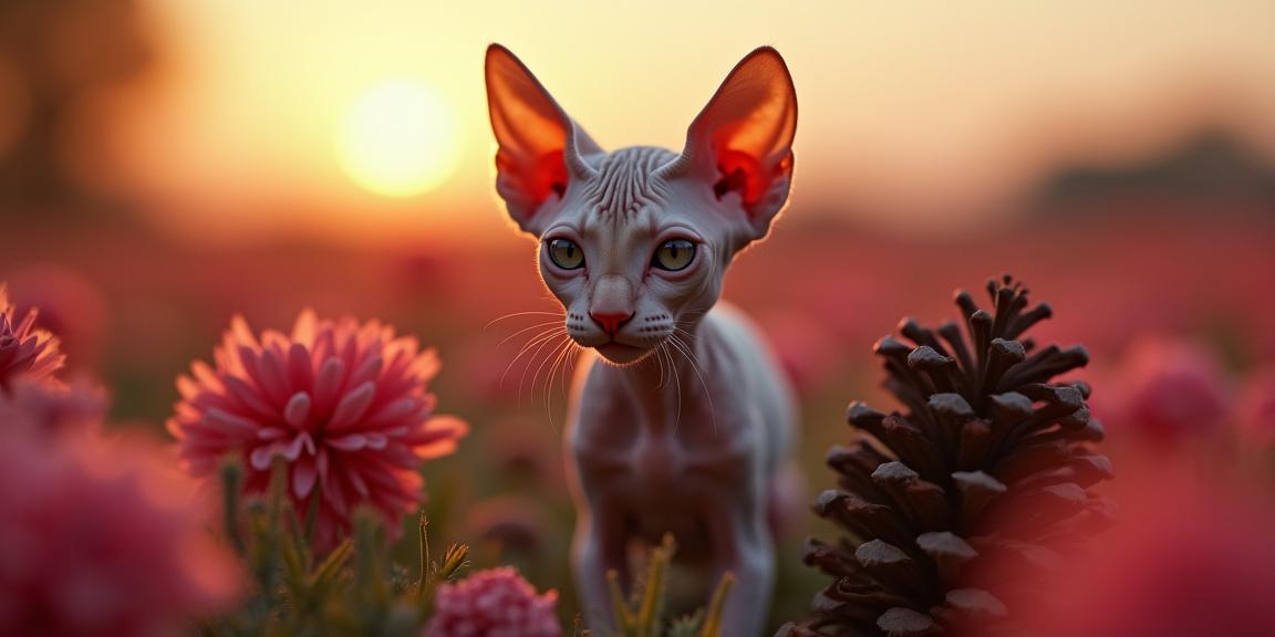 photograph, exquisite, Crimson theme , angle from below of a Sphynx Kitten