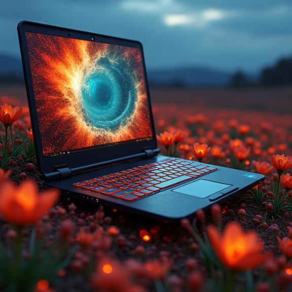photograph, spring flower field and fauna, intricate details, side view shot of a Cossack Laptop