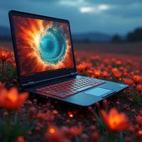 photograph, spring flower field and fauna, intricate details, side view shot of a Cossack Laptop
