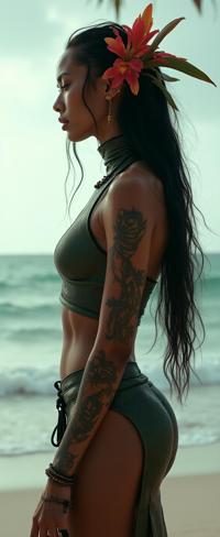 stylized by Jeanloup Sieff , photograph, majestic, ground level shot of a muscular Jamaican Female Dragon slayer