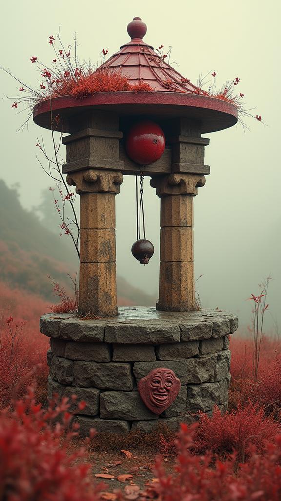 photograph, award winning, Landscape of a Spiritual Narrative Maroon and Cream Pirate Gravity well , it is engraved with Trellis and Stylish details