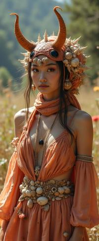 photograph, masterpiece, upper body shot of a Overgrown Wanderlust broad shouldered Tribal Ladybug Bride, it as Artisanal Goddess