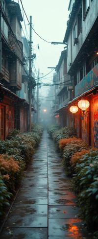 by Ren Hang , photograph, glamourous, landscape of a Urban Graffiti Alley and Noxious Shinto Trolley