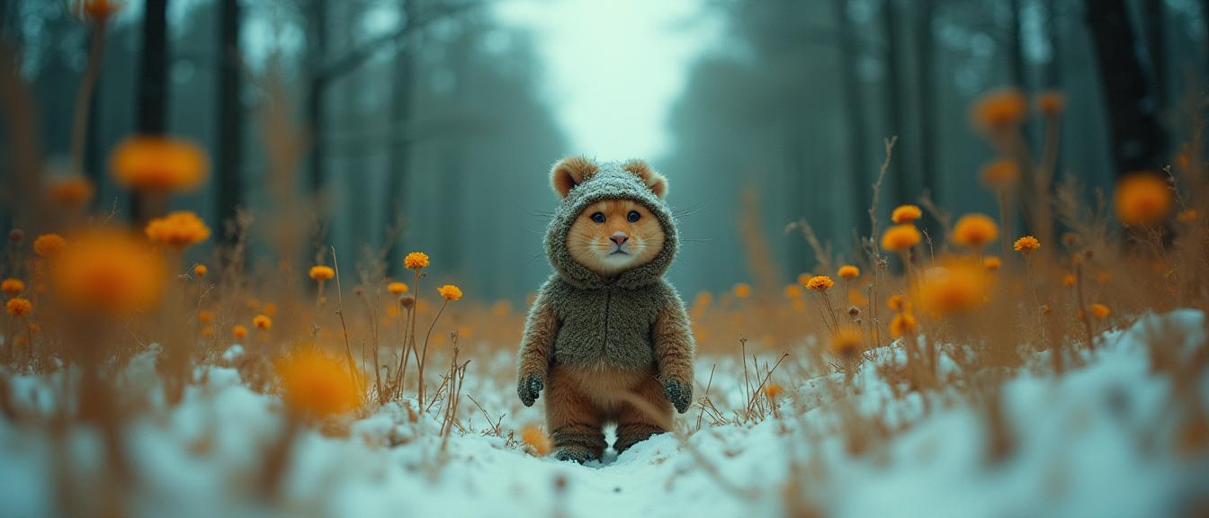 photograph, masterpiece, low angle shot of a Cromulent Figural The Army of Improvement , desolate woods and flower field