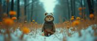 photograph, masterpiece, low angle shot of a Cromulent Figural The Army of Improvement , desolate woods and flower field