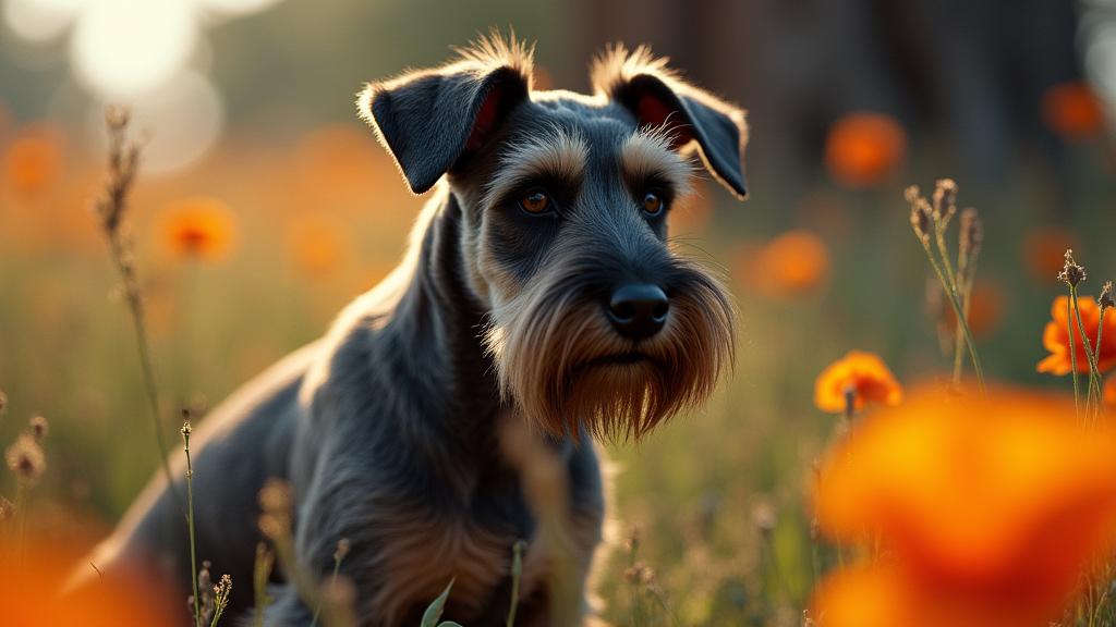 stylized by Geof Kern and Signe Vilstrup and Maia Flore , photograph, award winning, shot from side of a Traditional Melancholy Miniature Schnauzer Puppy