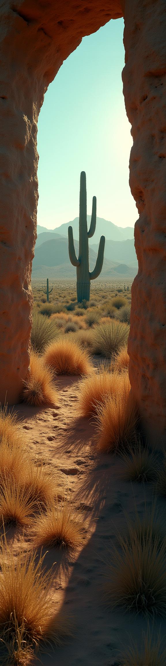 photograph, Arts and Crafts Movement, highly detailed, landscape of a Fantastical Shabby Chic Saguaro Desert from inside of a Monolith
