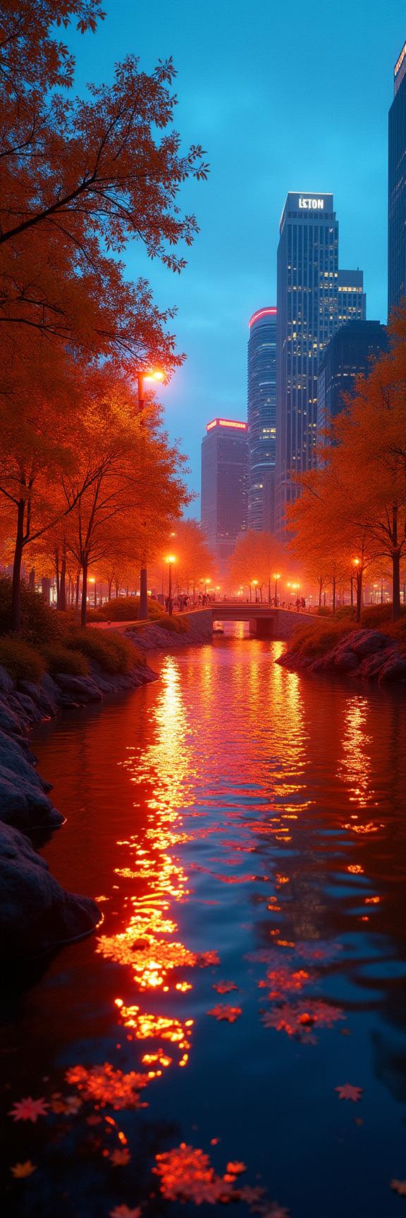 art by David Sims , photograph, dense pond and cityscape, vivid colors