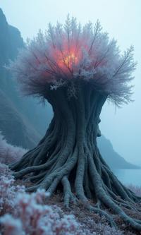 photograph, dense roots and mountains, award winning, shot from behind of a Shabby Soft Taish Era Globular cluster