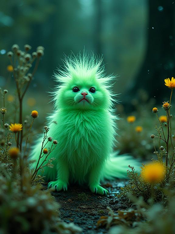 art by Nathan Coley , photograph, hyper detailed, full shot of a pleasant Feline fluorescent green Feather Star of Prudence