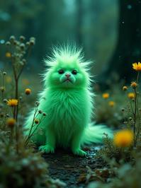 art by Nathan Coley , photograph, hyper detailed, full shot of a pleasant Feline fluorescent green Feather Star of Prudence