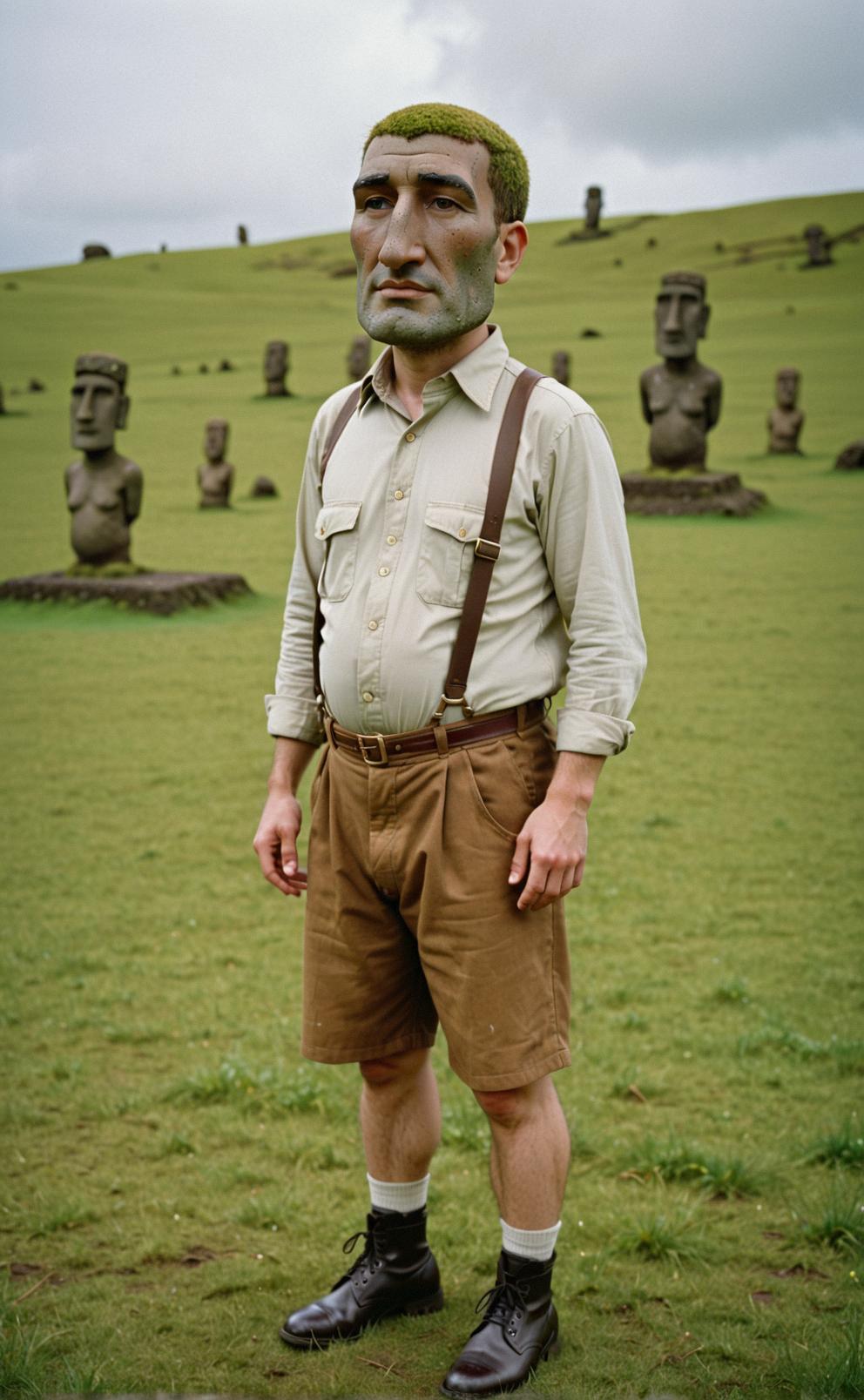Isaac Cordal photograph, sensual male seraphim, lederhosen, over shoulder
