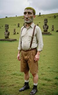 Isaac Cordal photograph, sensual male seraphim, lederhosen, over shoulder