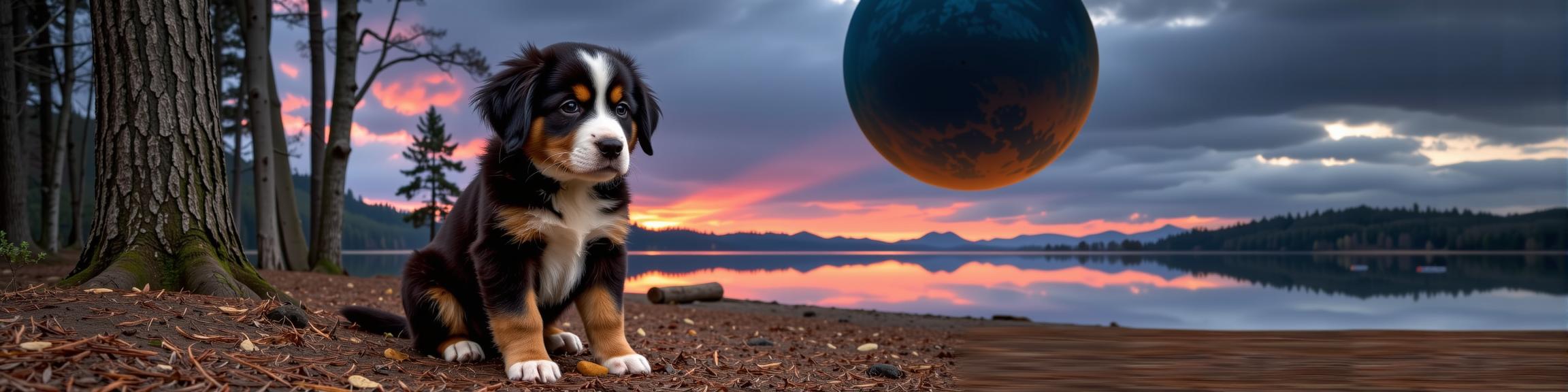 photograph, fairy tale, side view shot of a Bernese Mountain Puppy , it is very decal art and Extraordinary