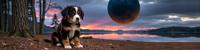 photograph, fairy tale, side view shot of a Bernese Mountain Puppy , it is very decal art and Extraordinary