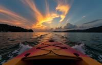 photograph, Relieving, deep yellow theme , zoomed out of a Wavy Tasteless Ivorian Wakeboard