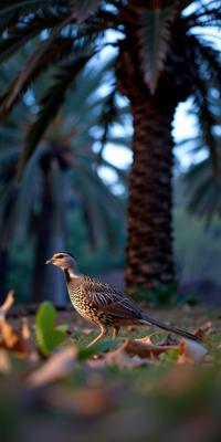 photograph, Shaky woods with Palm tree, concept art, Long exposure of a Moving Junoesque Stubble Quail