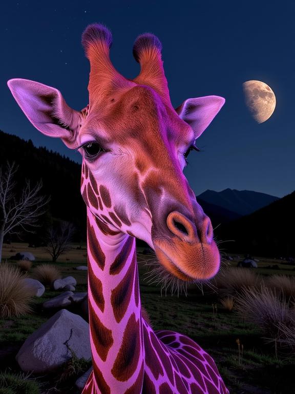 photograph, surreal, Long exposure of a Bombacore Handsome Giraffe with DayGlo purple designs, masterpiece