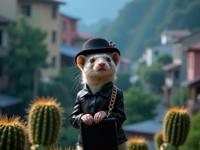 photograph, dark rainbow city with Cactus spines, best quality, cinematic shot of a Rickety Broken muscular Gypsy Ferret Intellectual