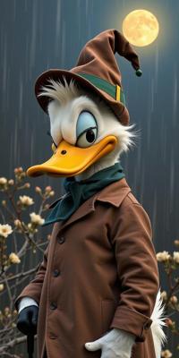 art by Gerda Wegener and Stanley Kubrick and Ingrid Endel , photograph, majestic, Portrait of a stocky Sami Donald Duck of Manic