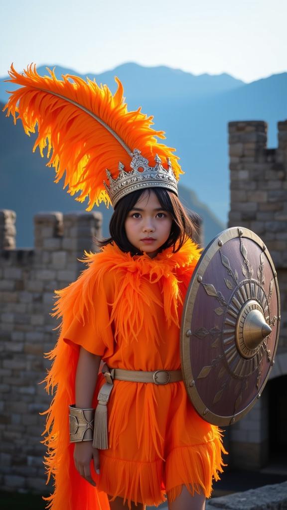 photograph, dynamic cinematic color, Studio shot of a dressed in a very Creepy DayGlo orange Scottish Feathers Toga, tiny Filipino Hannah