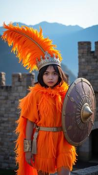 photograph, dynamic cinematic color, Studio shot of a dressed in a very Creepy DayGlo orange Scottish Feathers Toga, tiny Filipino Hannah