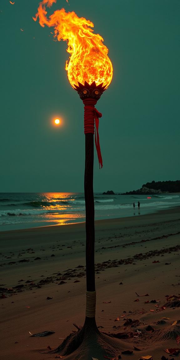 photograph, autumn beach and Aquarius constellation in background, stylized, wide shot of a Fiery Layered Tribal Magic staff