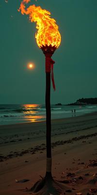 photograph, autumn beach and Aquarius constellation in background, stylized, wide shot of a Fiery Layered Tribal Magic staff