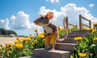 photograph, warm beach and flower field, intricate details, wide shot of a s Art Wonderful athletic Bangladeshi Jerry Mouse