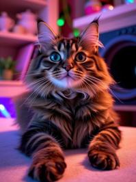 photograph, glamourous, high angle shot of a Visionary Flirty giant Maine Coon Kitten , Hostile fauna in background