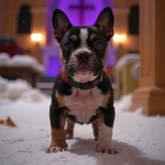 photograph, intricate background, long shot of a Functional Layered baby Staffordshire Bull Terrier Puppy , inside a Multi tiered Synagogue