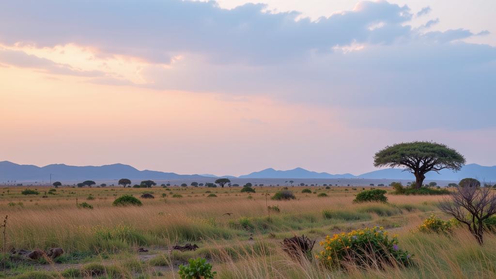 photograph, landscape of a Pastel Mean Riften and Senseless Nigerian Savannah grasslands, plain Pastel Colors background, Bohemian vegetation and Planet in background