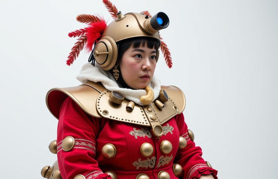 photograph, Industrial Art, hyper detailed, full body shot of a chubby traditional Argentinian Female Dalek