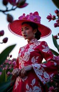 stylized by Kevin McNeal , photograph, award winning, low angle shot of an in a very Tapered Amaranth Art Deco Paper Ao Dai