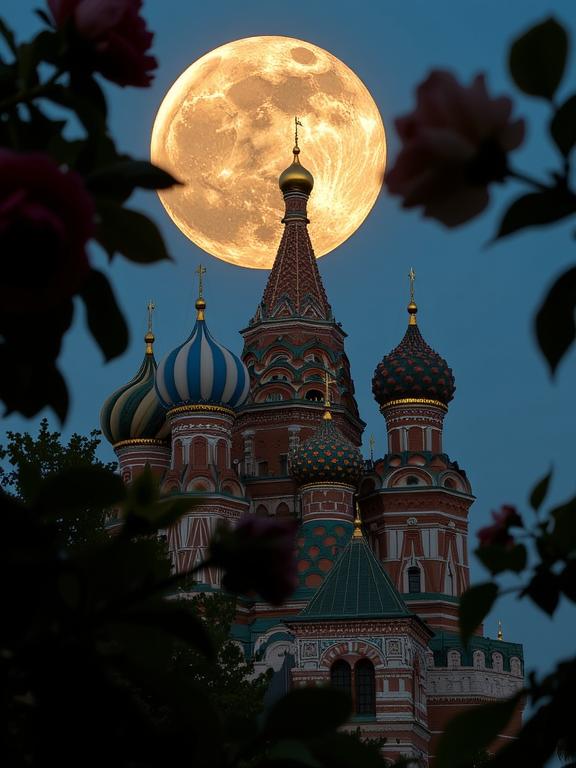 stylized by Nick Knight and Karl Blossfeldt and Zena Holloway and Brandon Woelfel , photograph, Gold Leafing, landscape of a Moonshadow Fields from inside of a St Basil s Cathedral