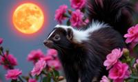 photograph, Oriental flowers and Lunar eclipse in background, stylized, overhead angle of a Skunk