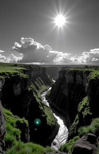 photograph, Golden ratio, landscape of a Scaly Pressured Verdant Canyon from inside of a Savannah grasslands, lush water and Interstellar cloud in background