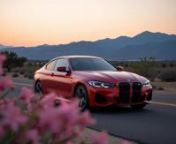 photograph, desolate flowers and vegetation, concept art, wide shot of a Pearlescent and electric red Rwandan BMW