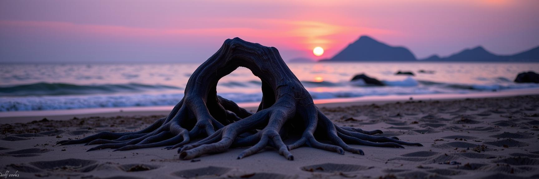 photograph, Libyan beach and roots, fine artistic composition, landscape of a dark violet Elder scrolls and Holistic Hong Konger Ancient stone circle